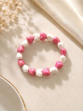 Pink & White Heart Bead Stretch Bracelet - Women Jewelry
